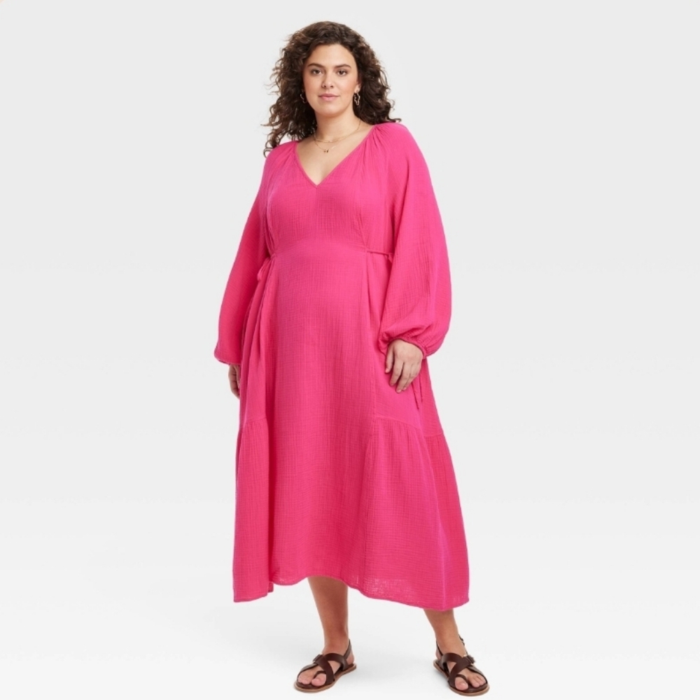 Universal Thread Women's Balloon Long Sleeve Midi A-Line Dress, Pink, XXL